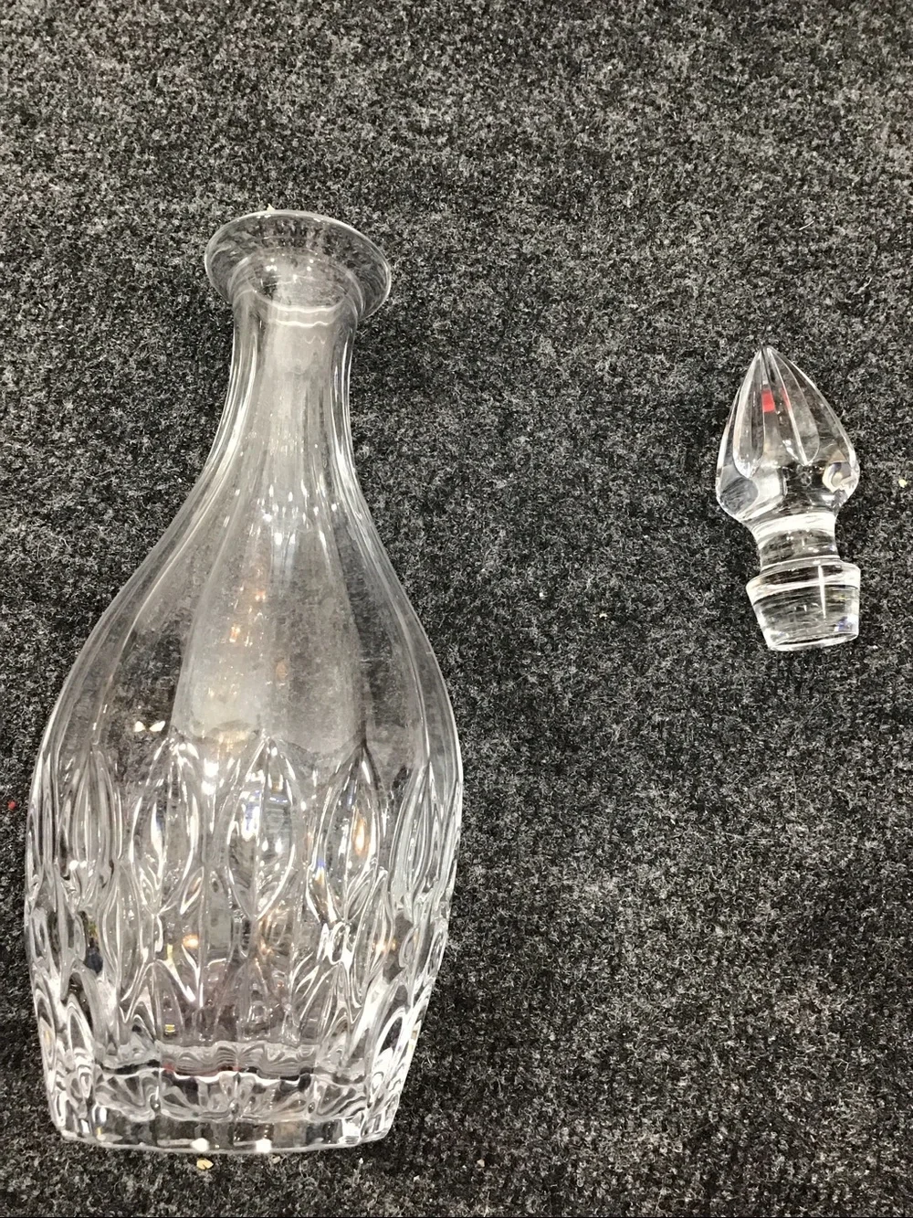 Vintage MCM Clear Glass Crystal teardrop Decanter with faceted flame Stopper